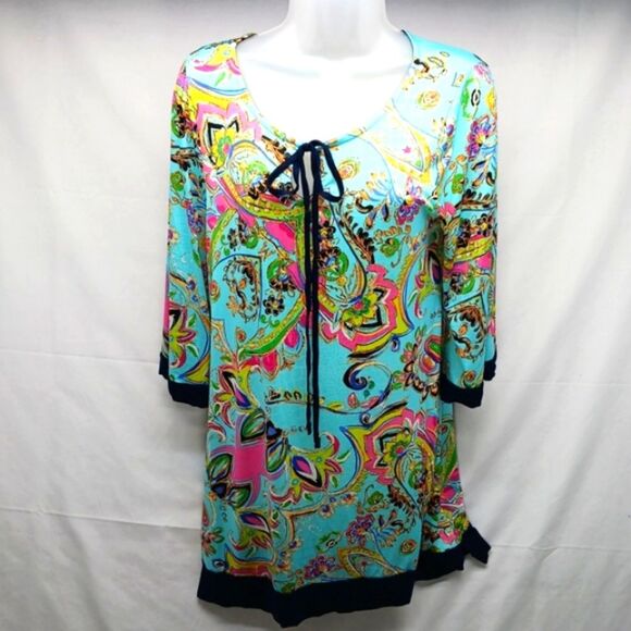 Women's Floral Multicolor Tunic Midi Round Tie Neck 3/4 Bell Sleeve. Woman's S. - Picture 1 of 12